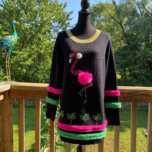 Holiday Time Black Flamingo Ugly Christmas Sweater Holiday Time Black Flamingo Ugly Christmas Sweater